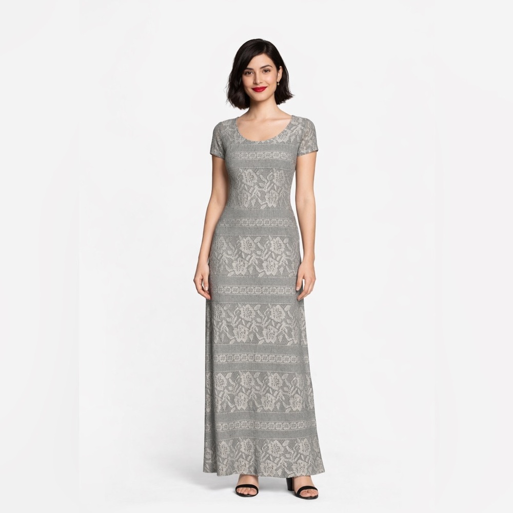 Jessica Howard Metallic Silver Crochet Overlay Lace Maxi Dress Size 12P Vintage